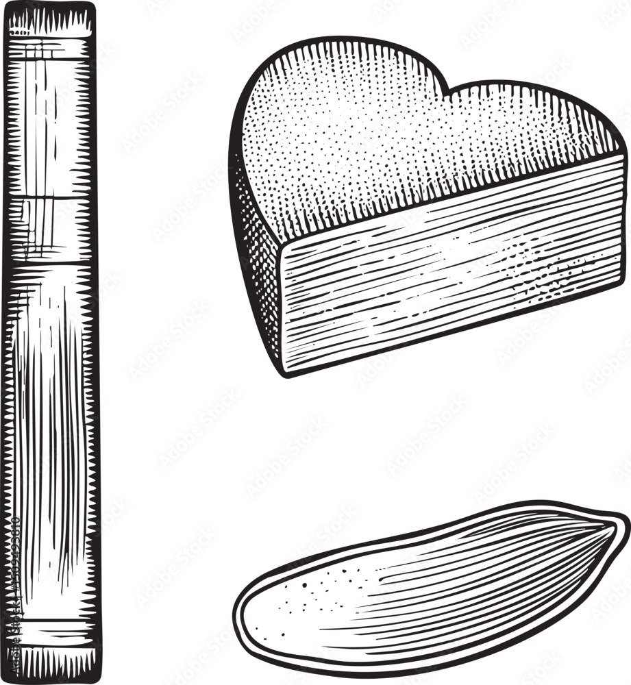 Aufkleber three wooden blocks a cheese wedge and a nut are arranged in a linear composition.