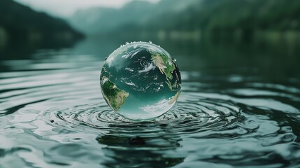 Earth globe resting gently on rippled water surface.