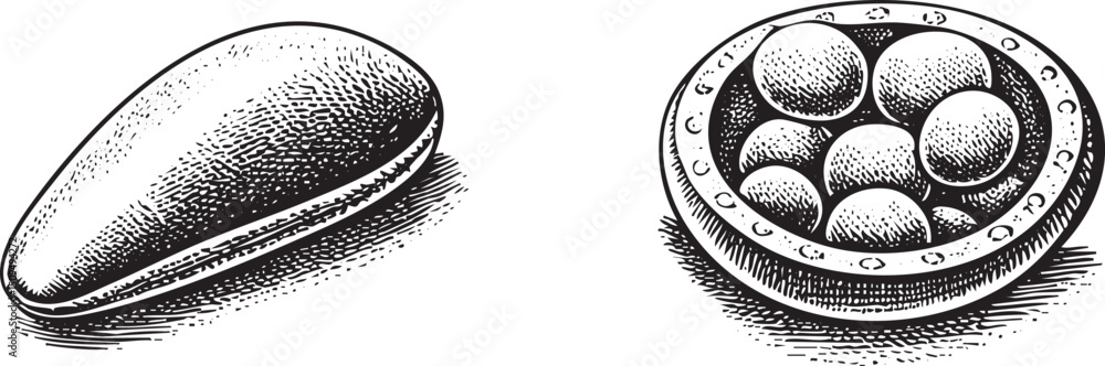 Poster two stylized dark-toned pebbles rest on a circular platter with multiple small spheres.