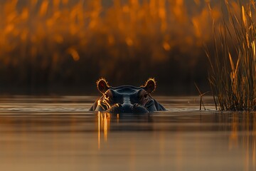 Fototapeta premium Hippopotamus in golden sunrise