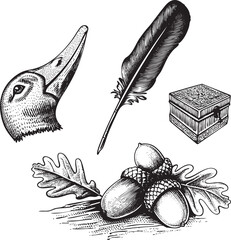 stylized depicts a bird's head a quill pen and an ornate wooden box alongside acorns and autumn leaves.