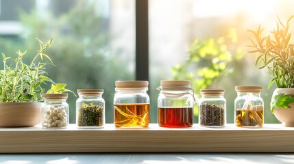 Natural Remedies Displayed on a Wooden Shelf by a Window