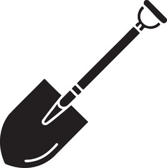 simple black shovel rests vertically on a white background.