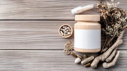 Natural medicine arrangement with capsules, dried flowers, and w
