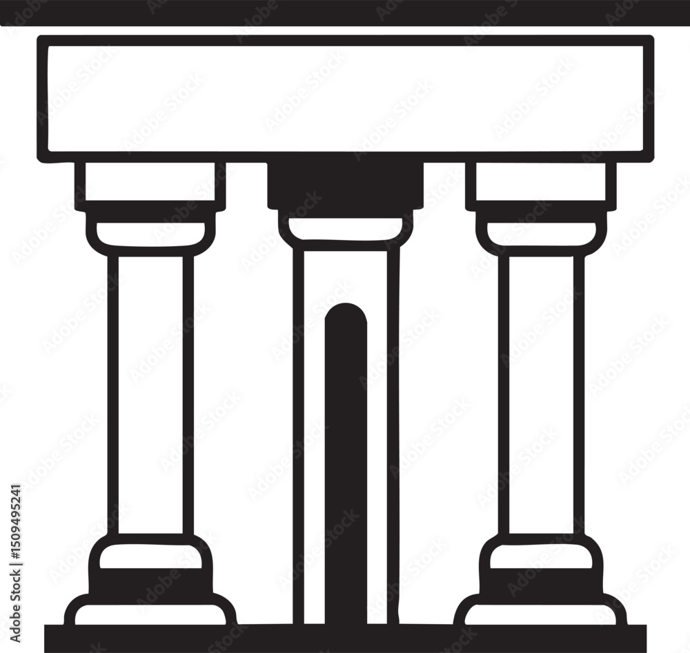 Poster stark minimalist depicts a classical architectural gateway with three sturdy columns.