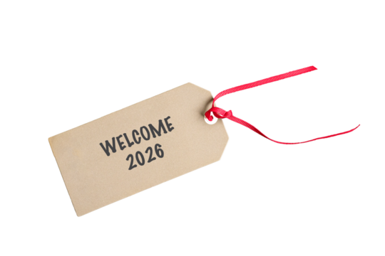 Welcome 2026 on paper tag with red ribbon. Isolated on transparent background.