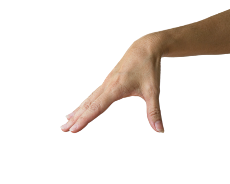 Woman hand form a gesture of reaching down to pick something. Isolated on transparent background.