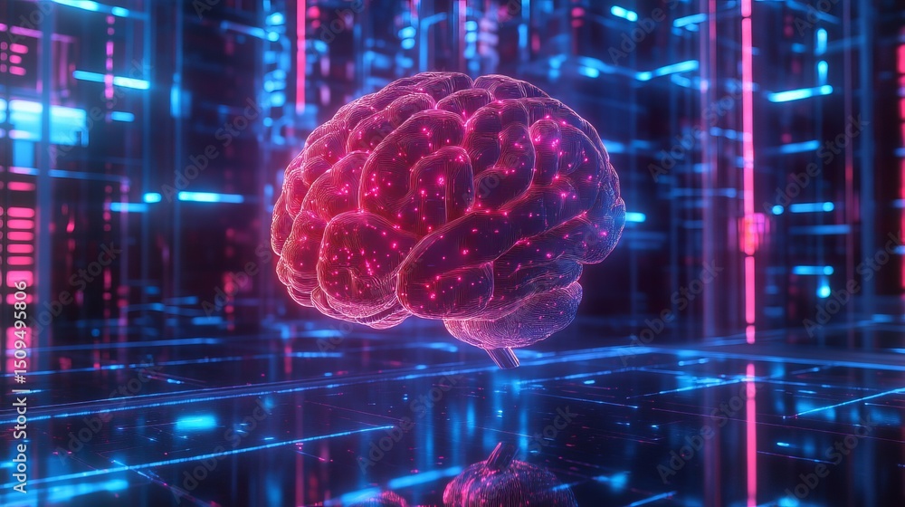Poster abstract digital brain pink neon glowing lines futuristic technology neural network artificial intel