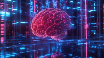 Abstract Digital Brain Pink Neon Glowing Lines Futuristic Technology Neural Network Artificial Intelligence Concept Background Modern Design Innovation Science Data Visualization  