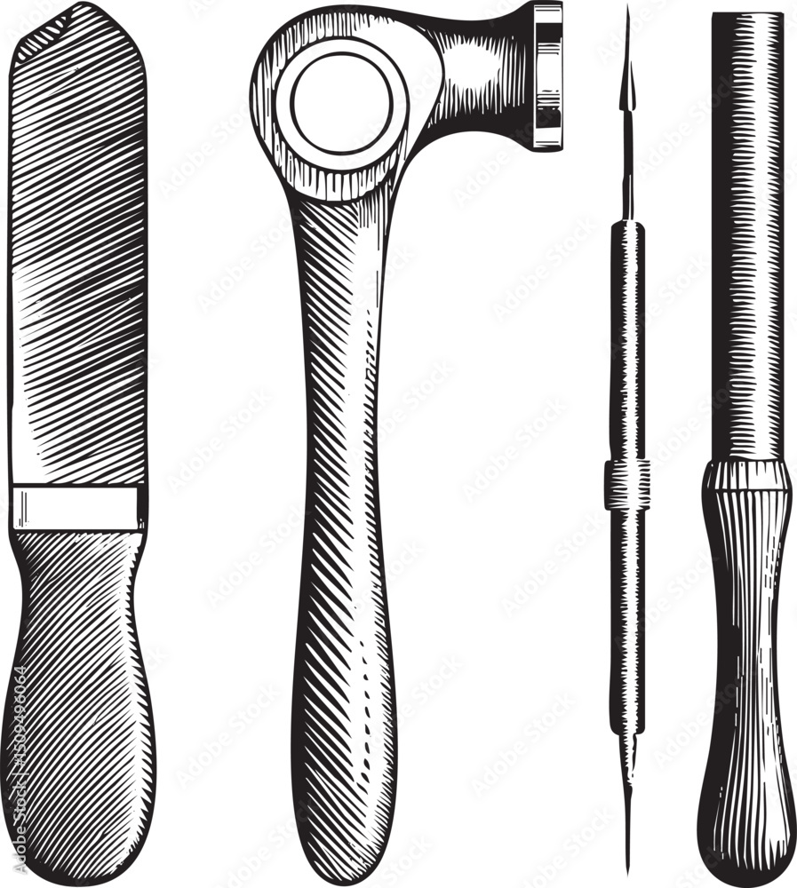 Poster three vintage tools display intricate detail and linear textures.