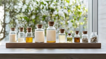 Natural Remedies Displayed on Wooden Shelf by Window