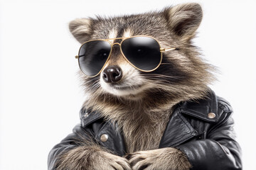 Raccoon wearing sunglasses and a leather jacket poses confidently