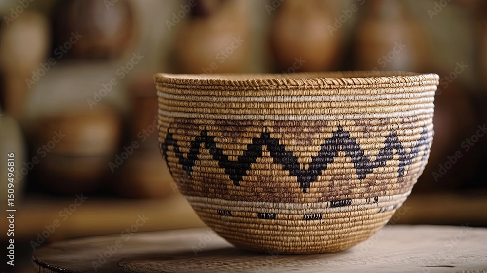 Poster handcrafted woven bowl with intricate patterns displayed in a rustic artisan workshop