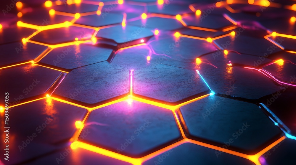Poster abstract hexagon pattern neon glowing lines vibrant colorful digital art background modern technolog