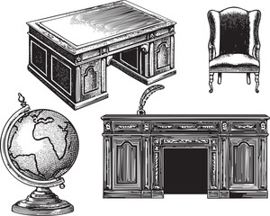Fototapeta premium black and white depicts a desk chair globe and cabinet.