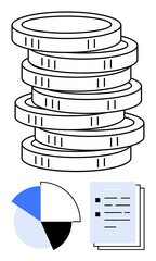 Coins stacked symbolizing wealth, next to a pie chart and documents indicating finance, budget, growth. Ideal for money, investments, analytics, planning, reports data flat simple metaphor
