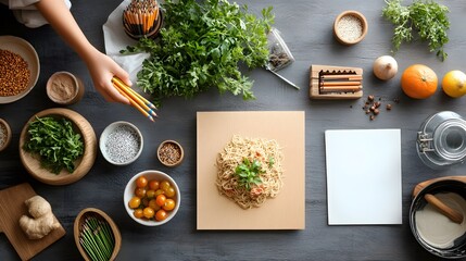 Overhead View of Culinary Ingredients and Pencils Arranged on a