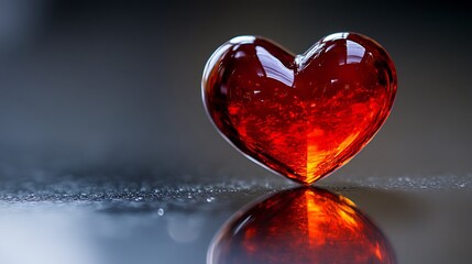 Crystal heart on reflective surface Romance with love, and Valentines Day concept.