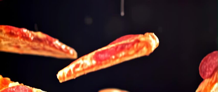 Anamorphic video Delicious pepperoni pizza slices, floating in the air