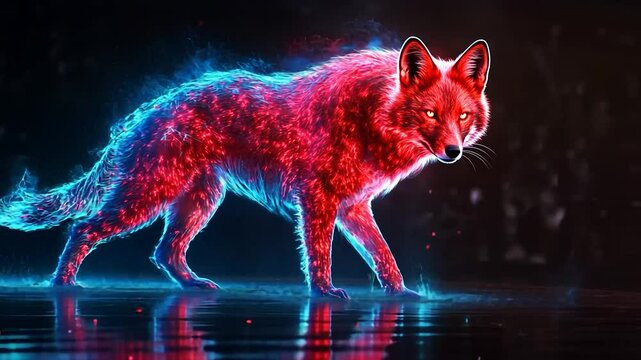 Fiery fox in neon glow, dark reflection, glowing sparks