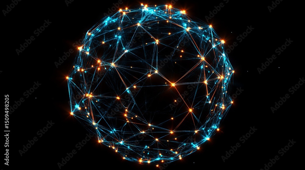 Poster abstract blue orange glowing sphere network digital art modern technology background futuristic desi