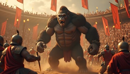 Giant gorilla battle scene in ancient arena