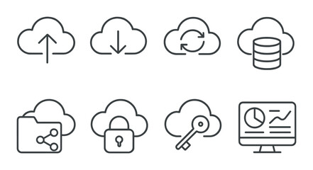 Cloud computing linear icons set – outline, data synchronization and security symbols