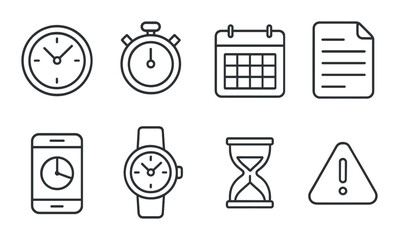 Time management outline icons set – schedule, productivity and planning symbols