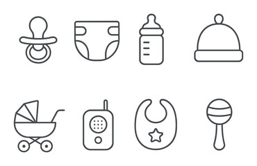 Baby care essentials linear icons set &ndash; outline, infant and newborn symbols