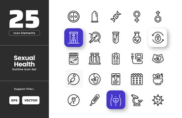 Sexual Health Icon Set Collection - Outline Line Art Style. Cell Division, Condoms, DNA, Female, Fertilization, Fertilization Test, Fetus, Gynecology, Healthy Food, Hospital, In Vitro Fertilization.