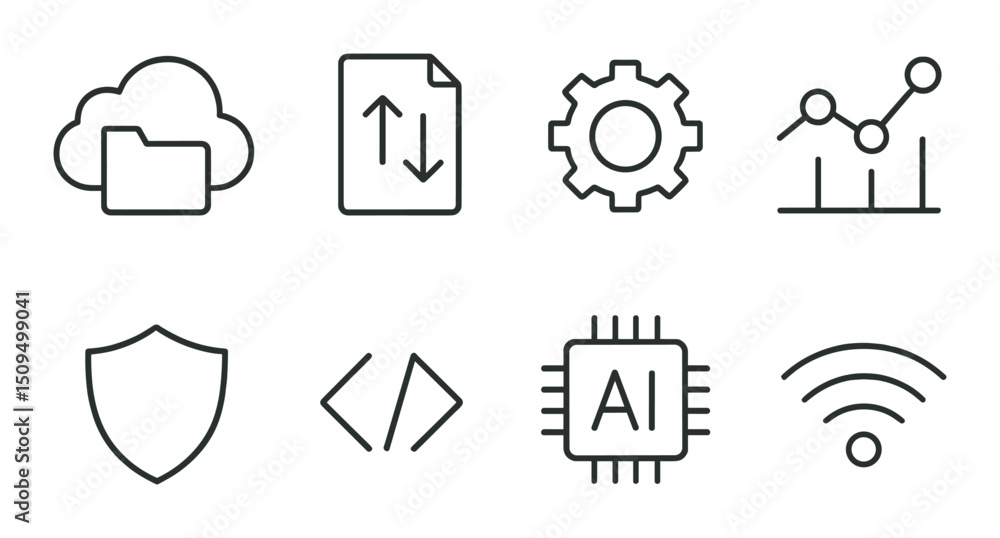 Poster digital technology line icons set – includes tech, network and ai symbols