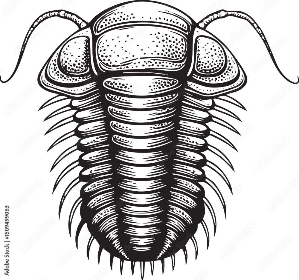 Poster detailed monochrome showcases a segmented creature with intricate textures and prominent appendages.