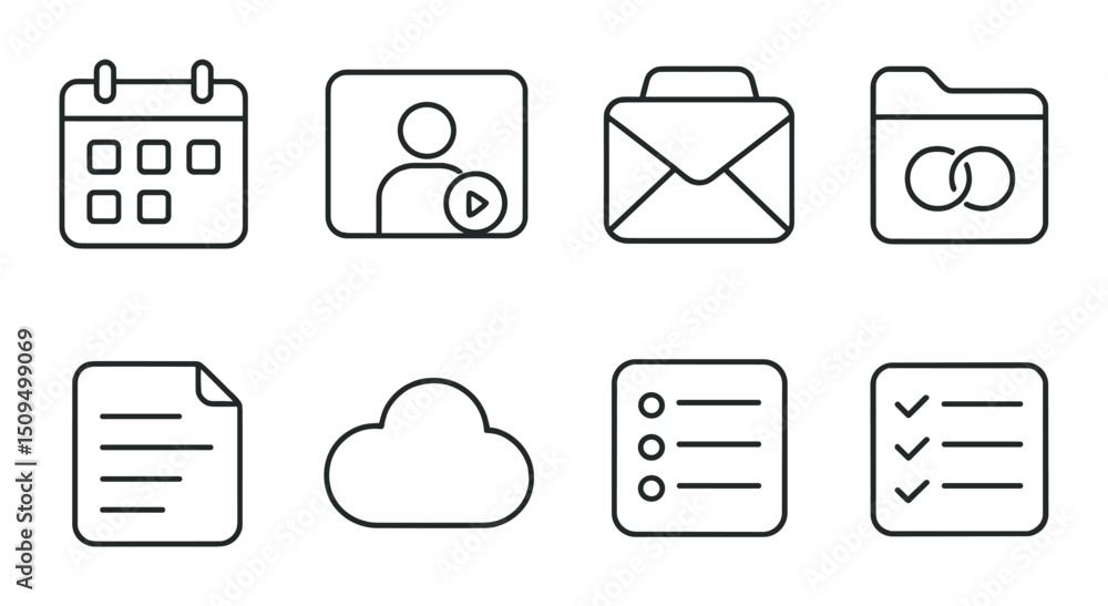 Poster essential digital tools line icons set – outline, tech symbols for productivity