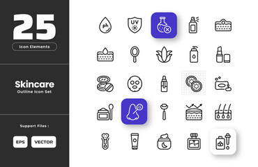 Skincare Icon Set Collection - Outline Line Art Style. Contain Acne, Aloe Vera, Blackhead, Chemical Free, Cologne Bottle, Cucumber, Electric Razor, Essential Oil, Face Mask, Face Powder, Hair Follicle