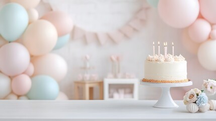 Pastel Birthday Cake Display with Balloons and Decor