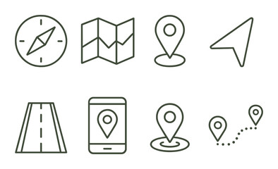 Navigation linear icons set – outline, mapping and direction symbols for apps