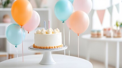 Pastel Birthday Cake with Balloons and Candles