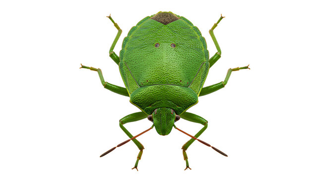 Vivid Green Stink Bug with Brown Markings and Prominent Antennae Frontal View