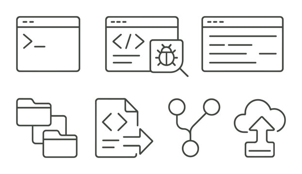 Coding and development outline icons set &ndash; linear, programming and tech symbols