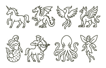 Mythical creatures silhouette icons set – fantasy, legend and folklore symbols