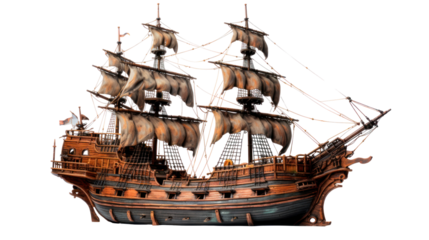  Detailed Model of a Rustic Pirate Ship on Transparent Background