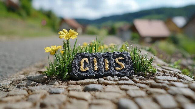 Decorative Stone Sign CIIS in a Garden with Yellow Flowers and Village Background.