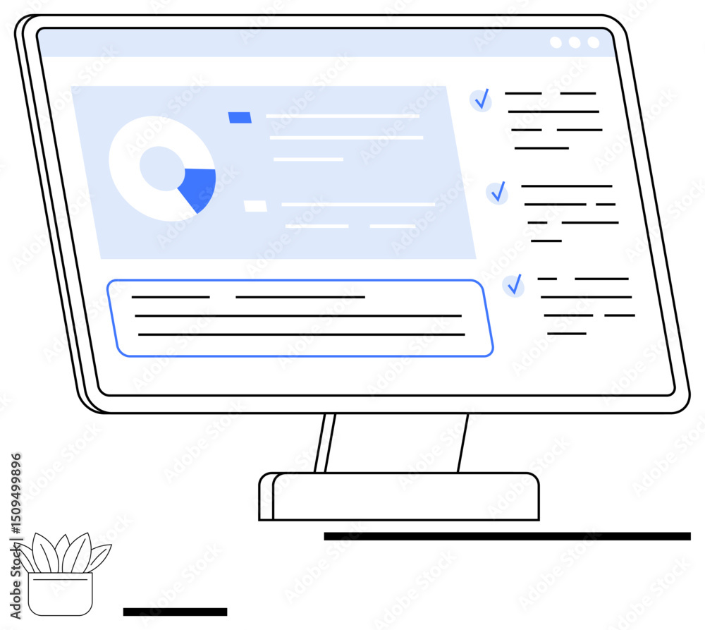 Poster monitor screen featuring a pie chart, task list with checkmarks, and text. minimalistic design, prod