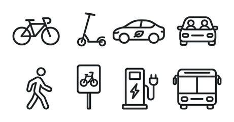 Eco friendly transit linear icons set – outline, sustainability and green transport symbols