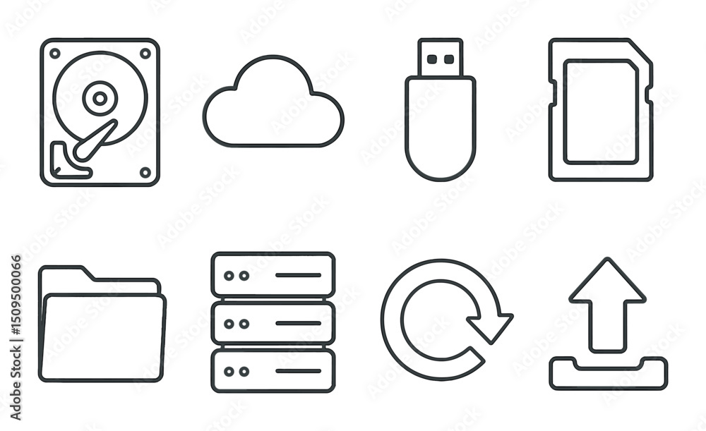 Poster digital storage outline icons set – cloud, backup and data management graphics
