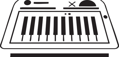 black keyboard with white keys rests on a beige surface.