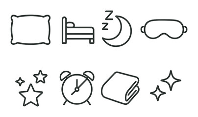 Sleep essentials line icons set – outline, bedtime and rest iconography