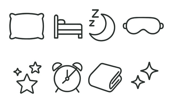 Sleep essentials line icons set – outline, bedtime and rest iconography