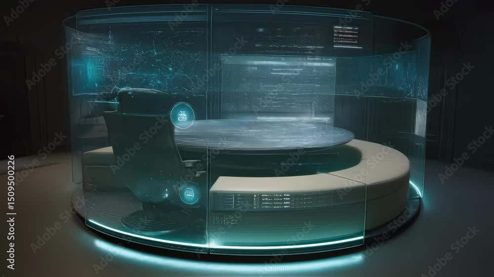 Poster futuristic circular glass command center with holographic display undergoing various transformations