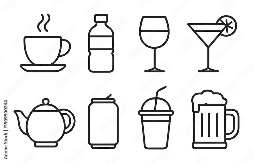 Poster linear beverage icons set – outline, drink and refreshment graphics for menus